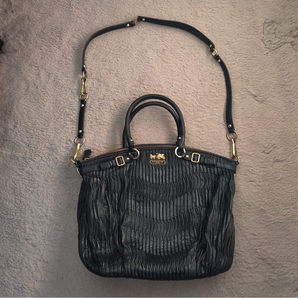 Coach Black Madison Gathered Leather Sophia Satchel Shoulder Bag Purse 18642